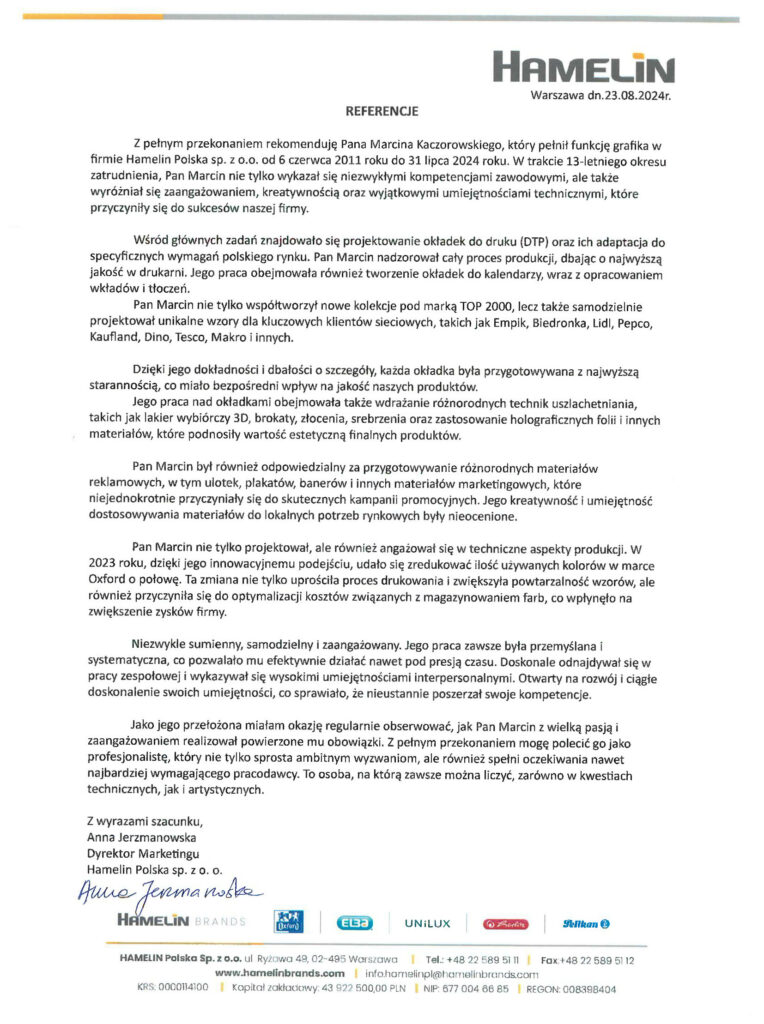 Referencja dla Studia Graficznego Piękno Tkwi W Szczegółach Marcin Kaczorowski - sgptws.pl